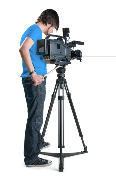 Profesionální kameraman, izolovaný na bílém pozadí — Stock fotografie