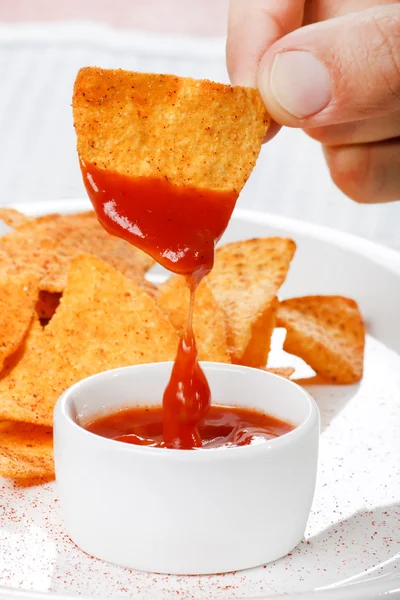 stock image Tortilla chips with hot salsa mexicana