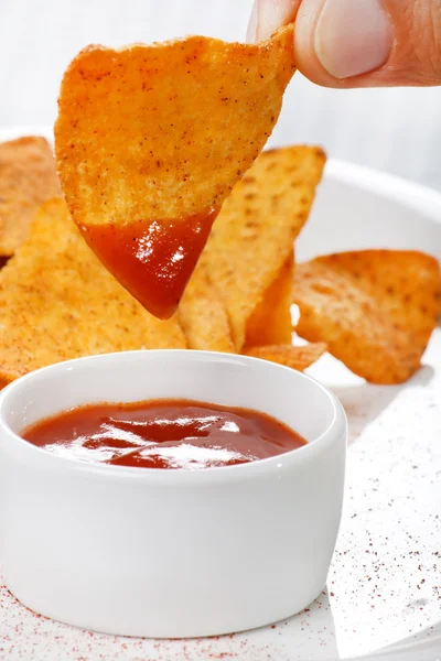 stock image Tortilla chips with hot salsa mexicana