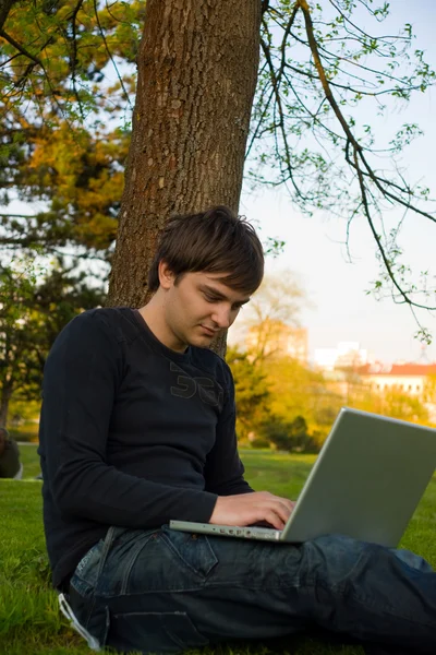 In park with laptop — Stock Photo, Image