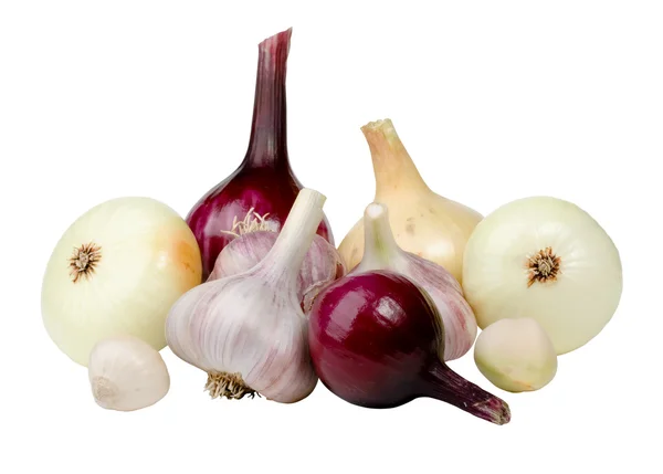 大蒜和洋葱。白色背景的蔬菜 — 图库照片