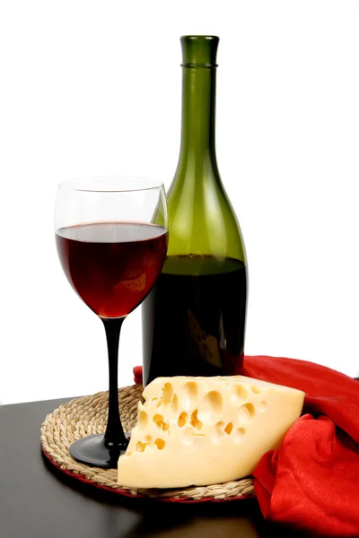 Τυρί ποτήρι κρασί μπουκάλι — Φωτογραφία Αρχείου