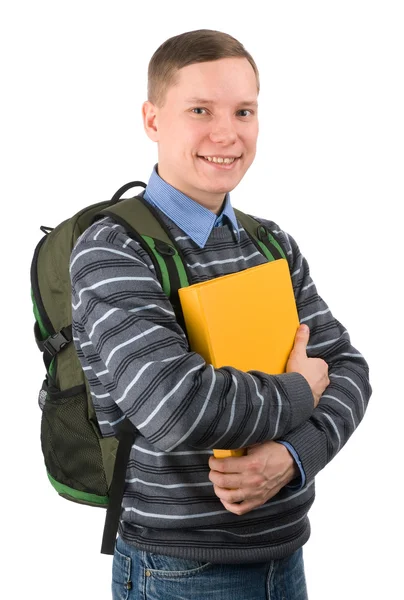 Młody mężczyzna student wykonuje plecak — Zdjęcie stockowe
