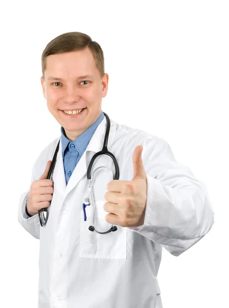 Fiatal férfi orvos a hüvelykujjával felfelé — Stock Fotó