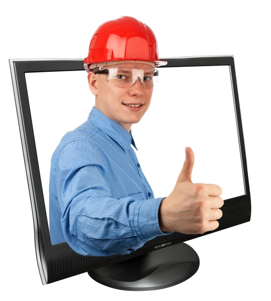 Jovem construtor mostra um sinal ok — Fotografia de Stock