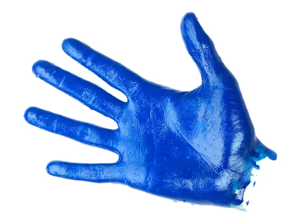 Human palm covered blue oil paint — Stock Photo, Image
