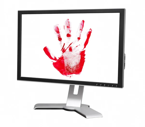 Computer monitor with palm print — Stock Photo, Image