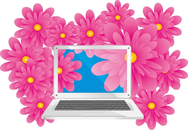 Přenosný počítač s květinami — Stockový vektor