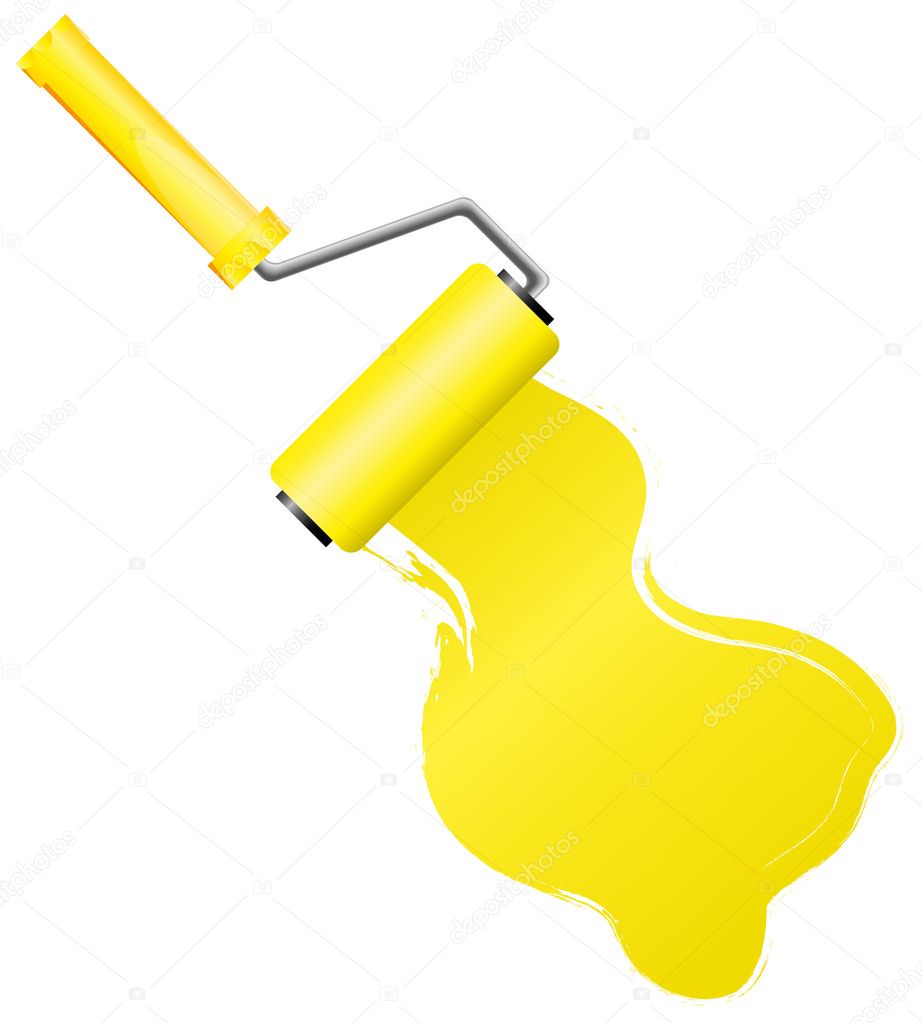 Yellow paint roller brush with yellow paint
