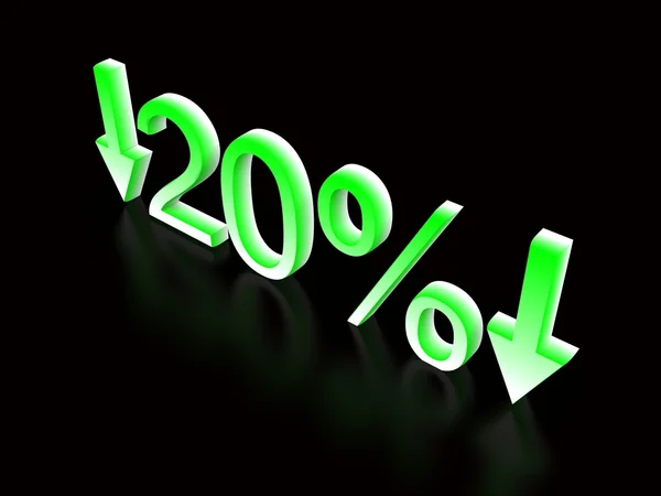 20 procent omlaag groen op zwart — Stockfoto