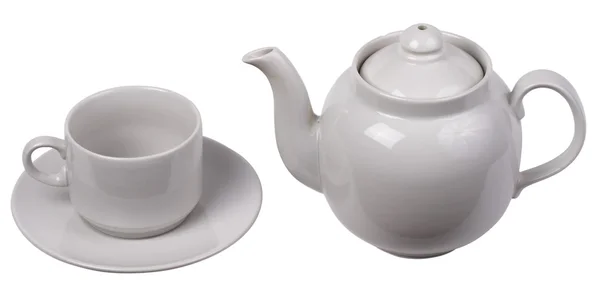Little white tea cup and a kettle — Stock Photo, Image