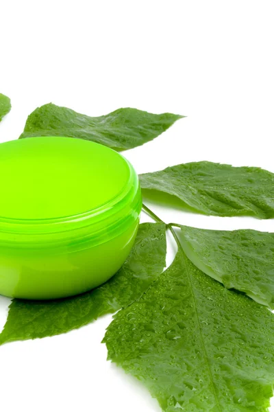 Face cream with green leaf — Stock Photo, Image