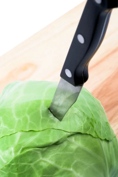 Green cabbage vegetable with knife — Stock Photo, Image