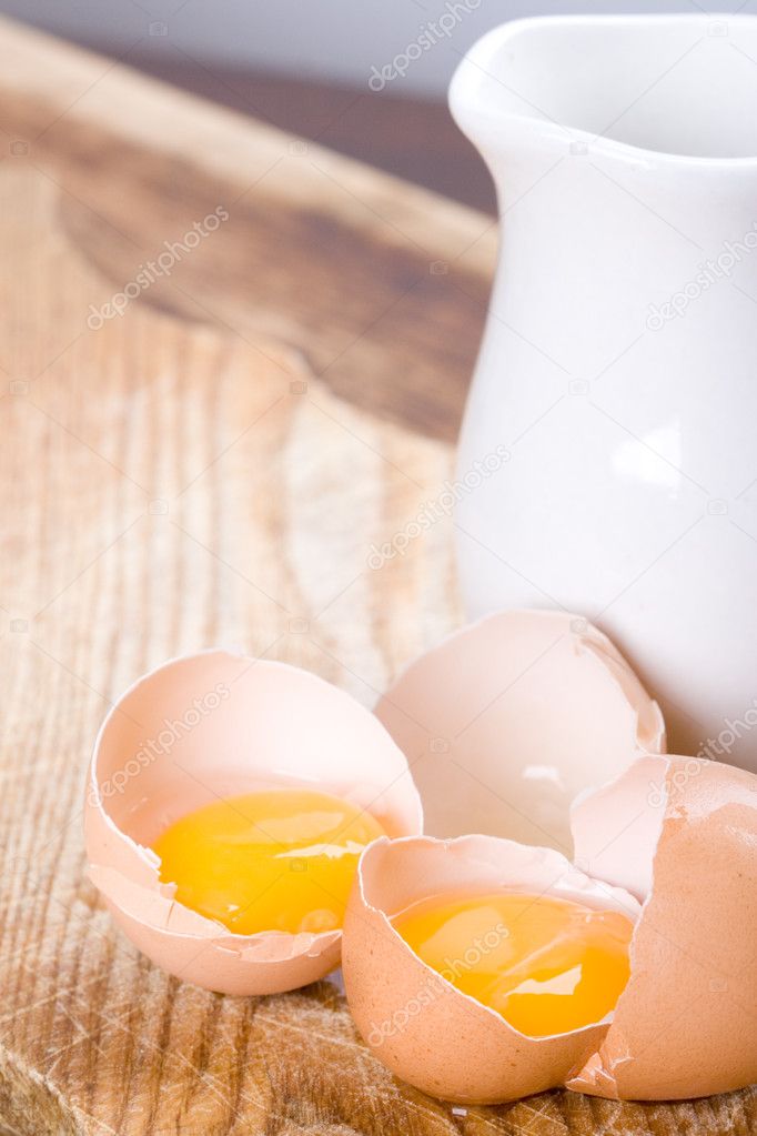 Brown eggs and some milk