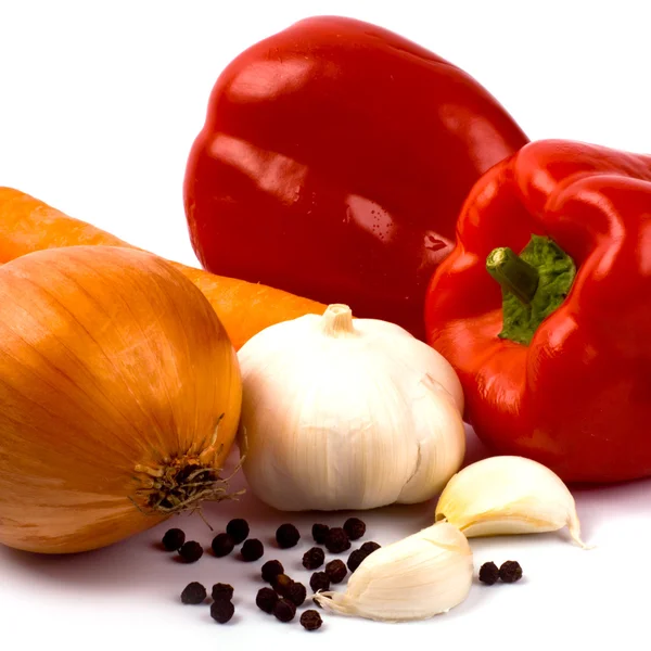 Papryka, cebula, marchew i czosnek — Zdjęcie stockowe