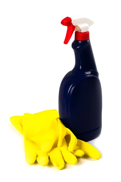 Limpeza spray e luvas de borracha — Fotografia de Stock