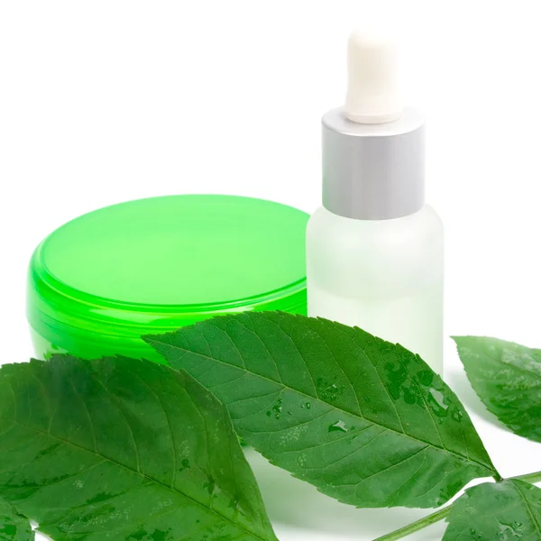 Produtos cosméticos com folha verde — Fotografia de Stock