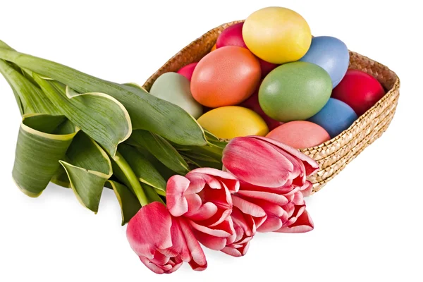 Basket with eggs and flowers — Stock Photo, Image
