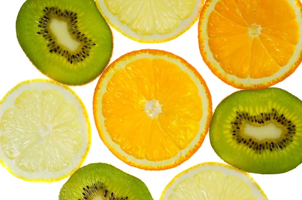Apelsin, kiwi, citron på en vit. — Stockfoto