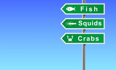 Sign fish squids crabs on sky background. clipart