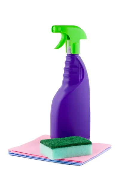 Bottle sprayer rags sponge for cleaning. — Stock Photo, Image