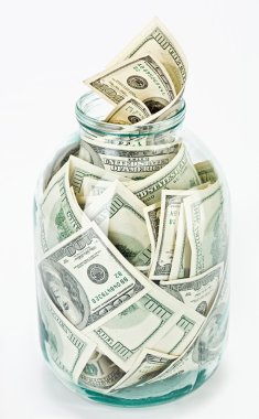 Many 100 US dollars in a glass jar clipart