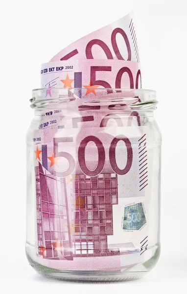500 Euro bank notes in a glass jar — Stock Photo, Image
