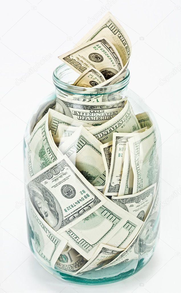 Many 100 US dollars in a glass jar