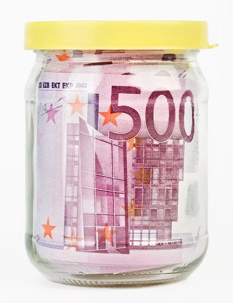 500 Euro bank notes in a glass jar — Stock Photo, Image