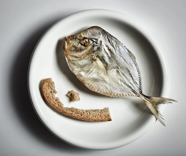 Saltat pincettfisk med brödbit på vit platta — Stockfoto