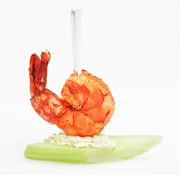 Tiger shrimp canape with celery isolated on white — Stock Photo, Image