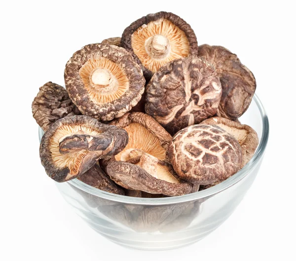 Dried field mushrooms in a glass bowl isolated on white — Stock Photo, Image