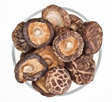 Dried field mushrooms in a glass bowl isolated on white clipart