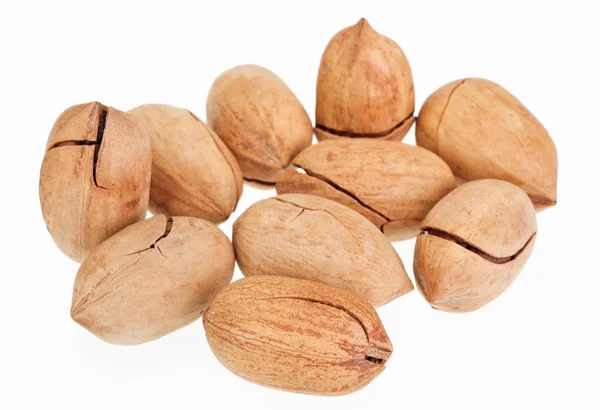 Many pecan nuts isolated on white — Stock Photo, Image