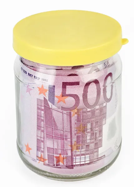 Billets de banque de 500 euros dans un bocal en verre — Photo