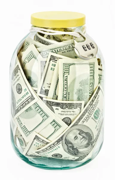 Birçok 100 ABD Doları banka notları cam kavanozda — Stok fotoğraf