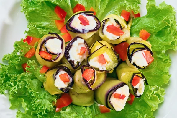 stock image Stuffed Egg plant (aubergine) rolls with paprika and mayonnaise