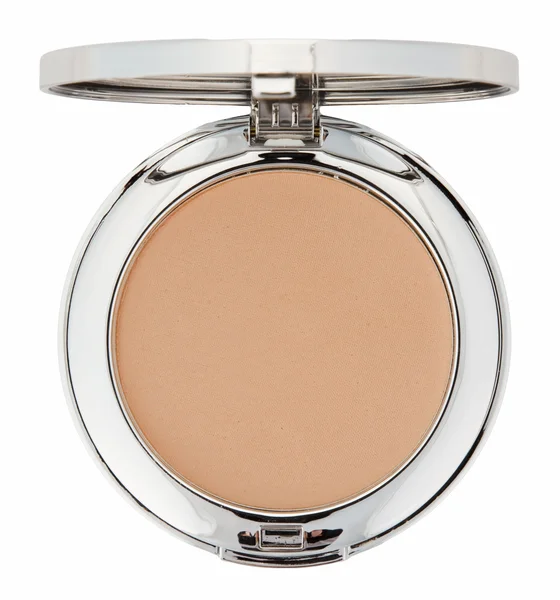 Maquillaje polvo marrón en caja de metal aislado en blanco — Foto de Stock