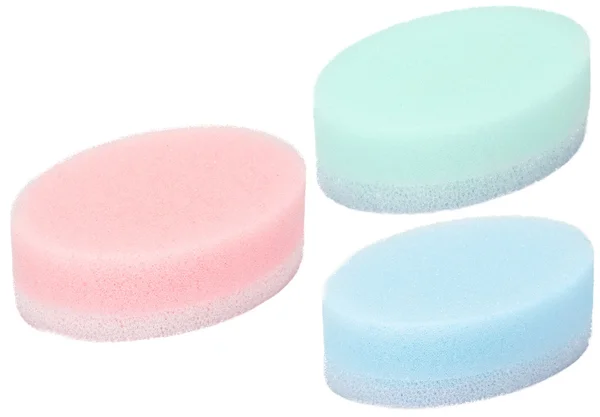 Set of 3 multicolored oval bath sponge isolated on white — Stock Photo, Image