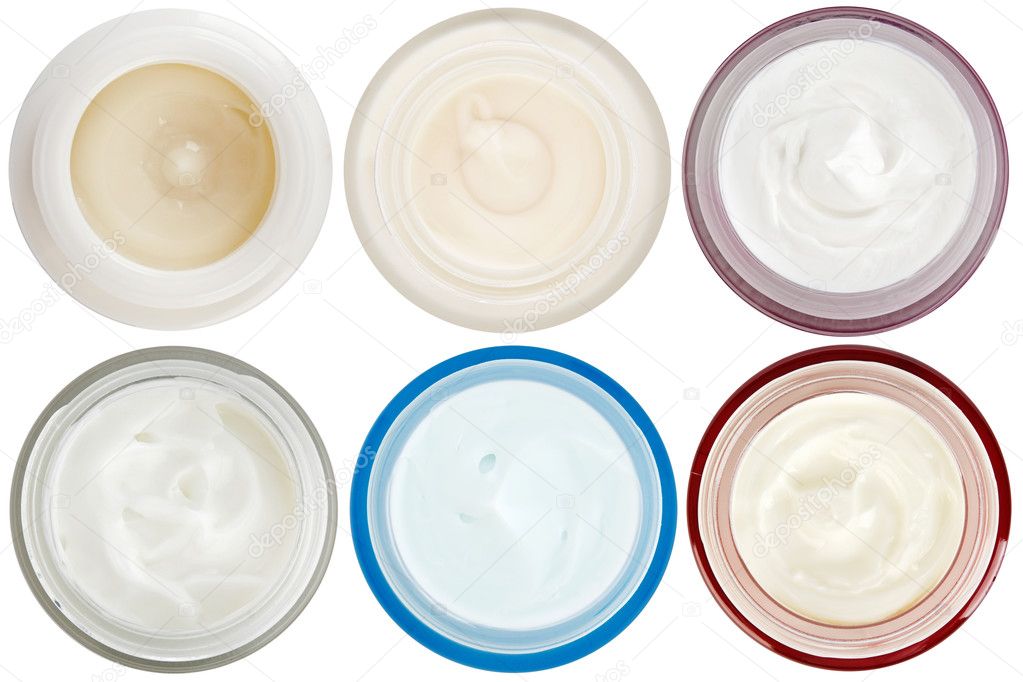 Set of 6 different dermal creams and gels isolated