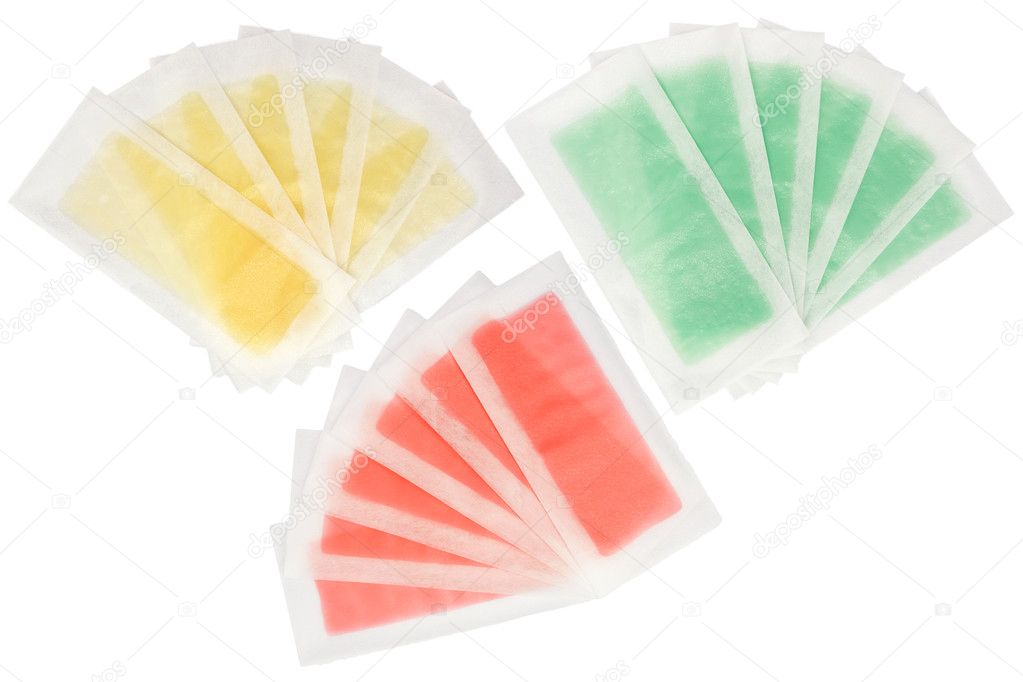 Set of 3 multicolored wax epilation strips isolated on white