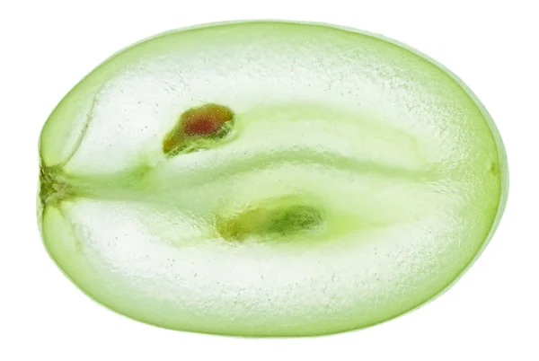 Transluzente Scheibe grüner Traubenfrüchte, Makro-Isolation auf Weiß — Stockfoto