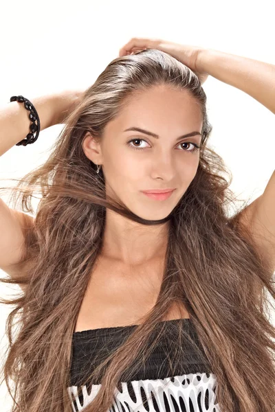 Face studio portrait of young pretty lady with long hairs on whi — Stock Photo, Image