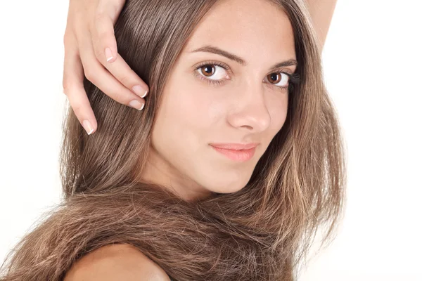Face studio retrato de jovem senhora com longos cabelos torcidos redondo — Fotografia de Stock