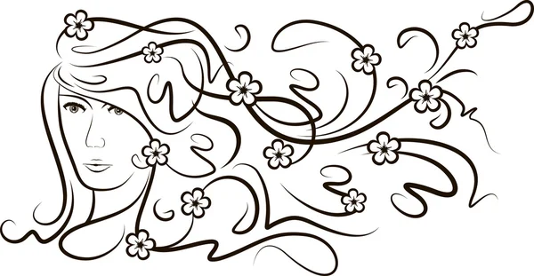 Fille avec des cheveux flottants et des fleurs . — Image vectorielle