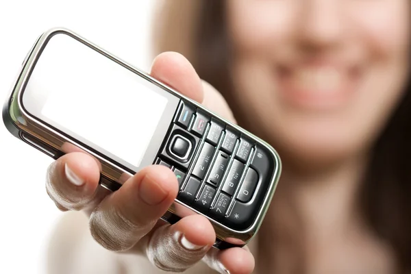 Mobile phone in women hand — Stock Photo, Image