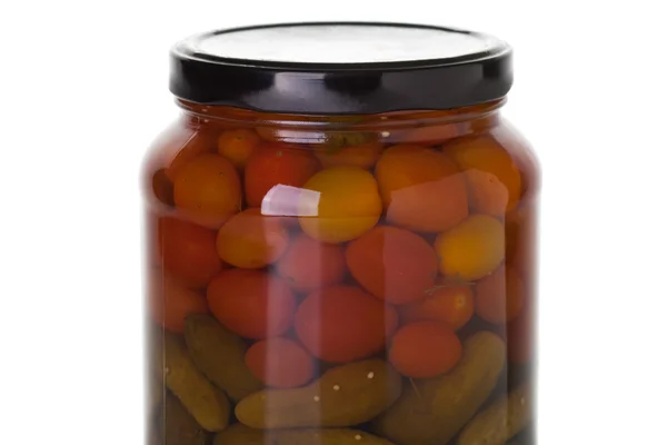 Cucumber and tomato jar — Stock Photo, Image