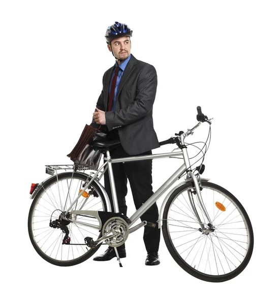 Glada arbetare med cykel — Stockfoto