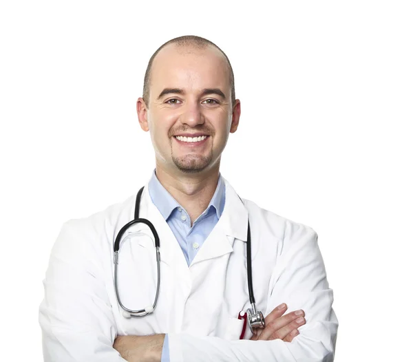 Médico sorridente isolado em branco — Fotografia de Stock