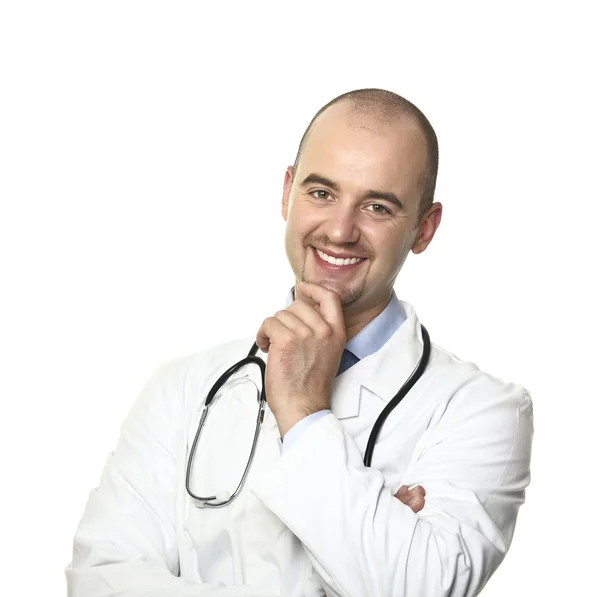 Médico sorridente isolado em branco — Fotografia de Stock